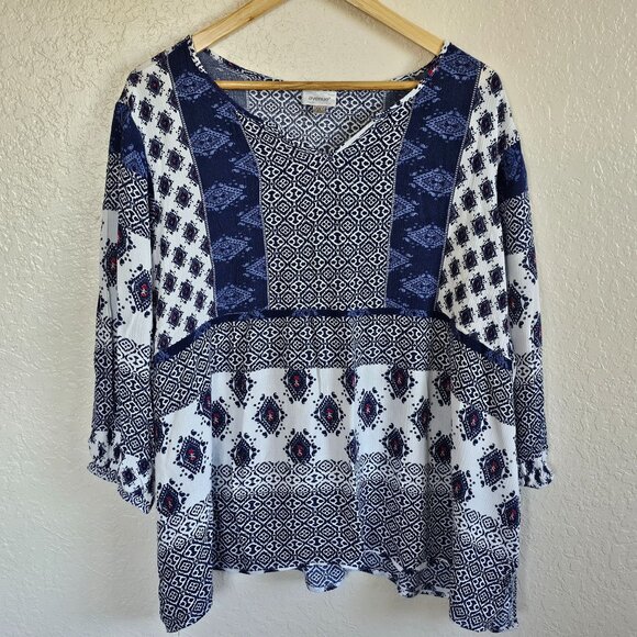 Boho-Chic Avenue Women's Tunic Top Size 22/24 Blue & White Patterned Rayon - Picture 1 of 7